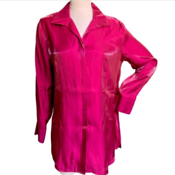 CHICO'S Shimmery Shine Helaina Long Top Button Down Raspberry Sz 2 (L/12) #10N - Picture 3 of 8